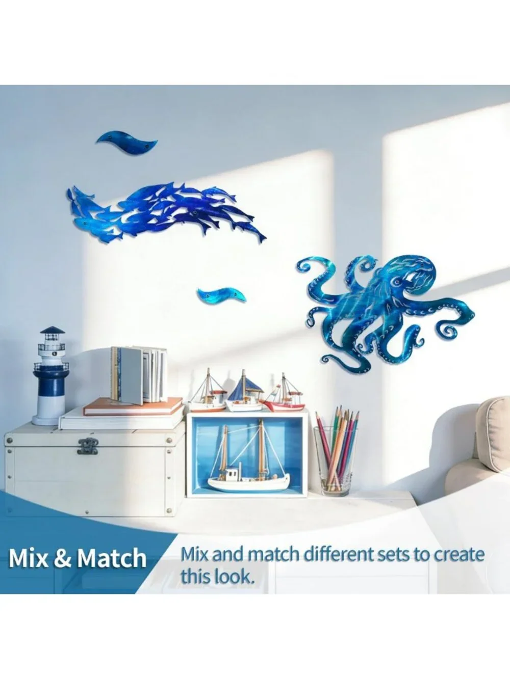 Coastal Ocean Beach Metal Wall Art - 3PCS School of Fish Sculptures, Home Decor